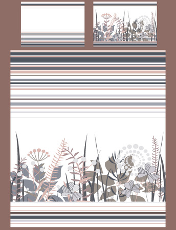 Luxury bedding set with doodle flowers and stripes, duvet and two pillows. Cute pastel brown and grey palette. Vector illustrationのイラスト素材