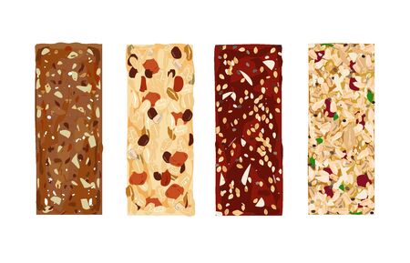 Various vector granola bars isolated on white background. Healthy gluten-free and lactosa free snacks with honey, grains, and nuts. Energy bars vectorのイラスト素材