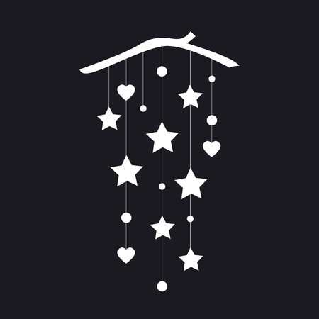 Simple and elegant wall hanging banner with stars, hearts, and circles. Everyday or Christmas decor. Cute interior decor from wood, rope, and paper. Monochrome vectorのイラスト素材