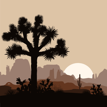 Morning landscape with Joshua tree and mountains over sunrise. Vector illustration.のイラスト素材
