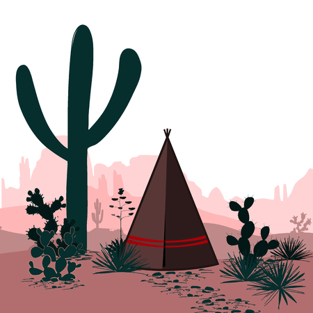 Horizontal vector banner with desert, tepee, saguaro, and prickly pear cactus. Mountains silhouette background. Wild west. Cartoon illustration. Panorama.のイラスト素材