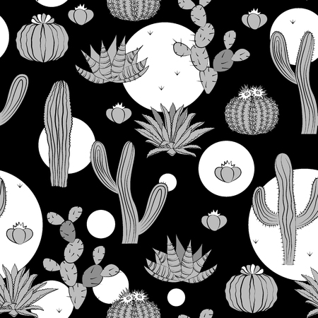 Seamless pattern with cactus. Wild cactus forest with doodle circles. Stylish grey, black, and white palette. Vector illustrationのイラスト素材