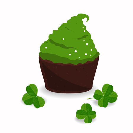 Tasty cupcake and clover, isolated on white. Saint Patric's Day design elements.のイラスト素材