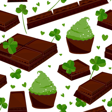 Stylish seamless St. Patrick's day background with clover leaves chocolate bars, and green cupcakes.. Vector illustrationのイラスト素材