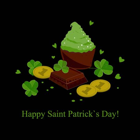 Stylish seamless St. Patrick's day background with clover leaves chocolate bars, green cupcakes, and coins. Vector illustration, greeting cardのイラスト素材