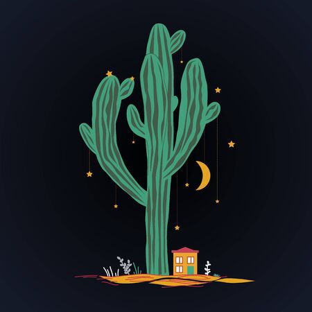 Cute illustration with high saguaro, liitle house, and stars and moon hanging on the cactus.のイラスト素材