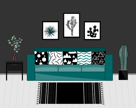Scandinavian style livingroom interior with black and white carpet, blue sofa with ornamented pillows, home plants, and dark grey wall.のイラスト素材