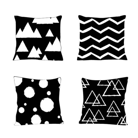 Realistic pillow models with different geometric prints and patterns in black and white colors. Apartment interior design elements.のイラスト素材