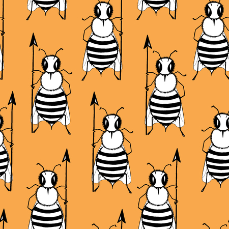 Seamless pattern with angry killer bees on the orange background. Soldier bee with pike. Killer bees army. Vectorのイラスト素材