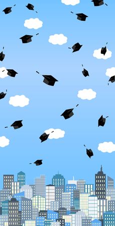 Graduation hats high up in the air above the city. Graduation ceremony banner. Vector card.のイラスト素材