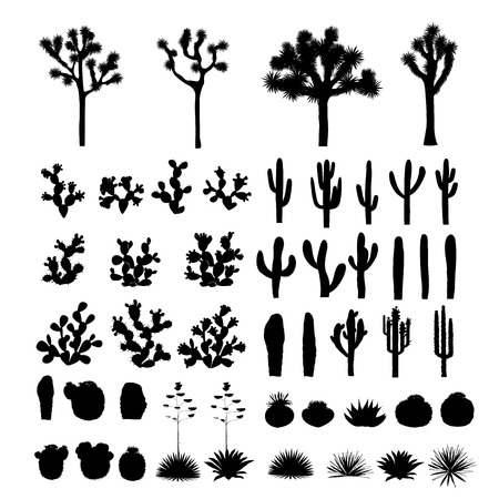 Big collection of black silhouettes of cacti, agaves, Joshua tree, and prickly pear.のイラスト素材