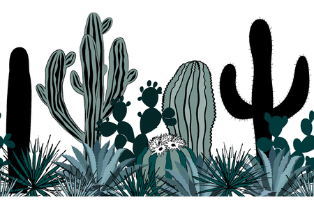 Hand drawn seamless pattern with sketch saguaro, blue agave, and prickly pear. Latin American background. Mexican border. Vector illustration.のイラスト素材