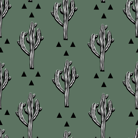 Cactus seamless vector pattern with saguaro and abstract triangless. Cacti fabric print design. Succulent textile surface. Hand drawn vector illustration.のイラスト素材