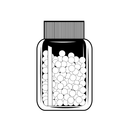 Bottle with gomeophatic granulas. Gomeopathy icon, black and white. Vector illustrationのイラスト素材