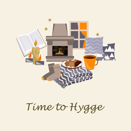 Time to Hygge Vector illustration. Cozy home things like candles, pillow, fireplace, rug, tea, and cookies. Danish living concept. Greeting card templateのイラスト素材