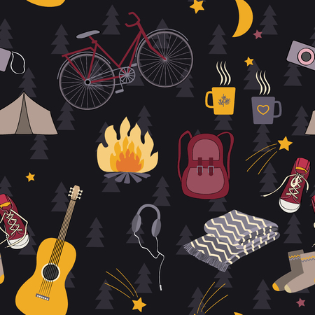 Camping seamless pattern. Forest night vectorのイラスト素材