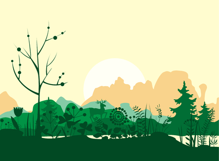 Summer morning Landscape with deer and mountainsのイラスト素材