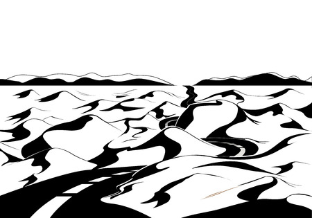 Road through the desert. Cartoon landscape. Vector illustration, black and whiteのイラスト素材