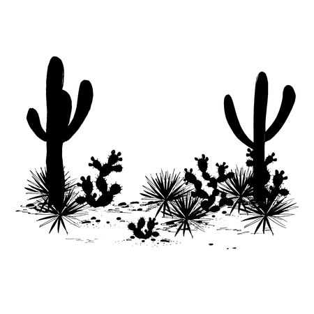 Cacti landscape. Vector silhouettes of, saguaro, prickly pear, and agave. Black and white banner, place for text. Mexican backgroundのイラスト素材