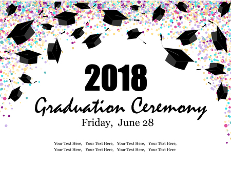 Graduate caps with multi colored confetti bannerのイラスト素材