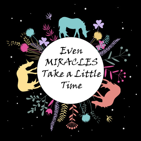 Cute unicorns and flowers frame. Vector illustrationのイラスト素材