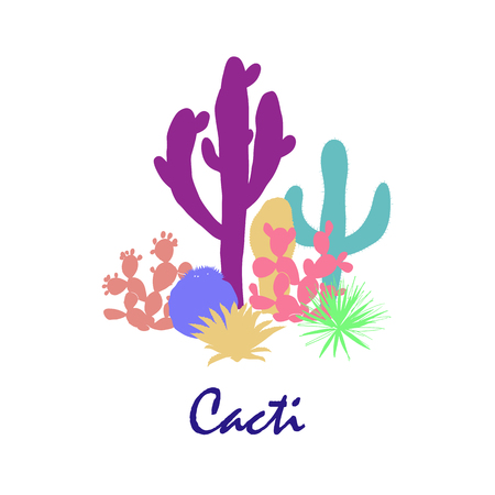 Cacti group. Prickly pear cactus, blue agaves, and saguaro.のイラスト素材