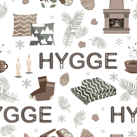 Vector seamless pattern with hygge lettering and cozy thingsの写真素材