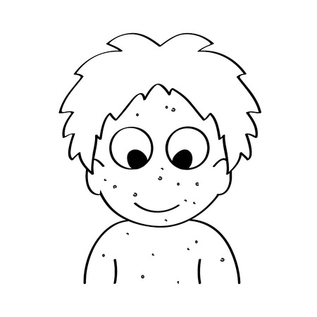Happy sick child with skin rash, chicken pox disease. Cartoon outline icon, vector illustrationのイラスト素材
