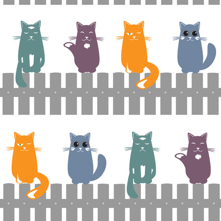 Cute seamless pattern background with cats seating on the fence. White background. Vector illustrationのイラスト素材