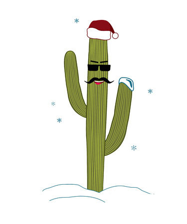 Christmas tree in tropical climate concept. Saguaro Cactus Guy in glasses and Santa Hat. Snow and cacti. Vector illustrationのイラスト素材