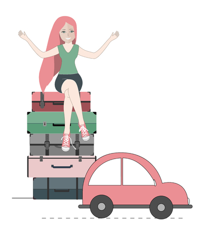 Happy traveler woman sitting on suitcases and the car ready to go. Vector illustrationのイラスト素材
