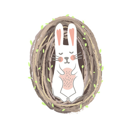 Sweet Newborn Easter Bunny Lying in the Willow Nest. Spring or Nursery Print, Vector Illustrationのイラスト素材