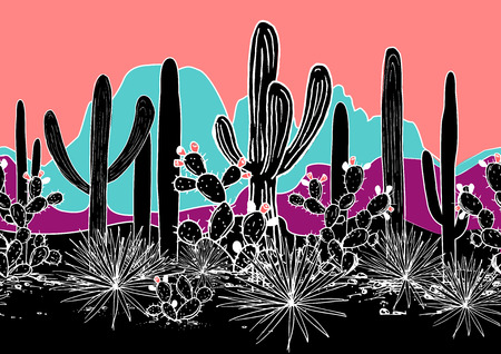 Vector seamless pattern with cacti, and mountains. Wild cactus forest with agave, saguaro, and prickly pear. Bright psychedelic paletteのイラスト素材