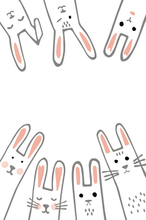 Happy Easter banner frame with funny bunny faces. Rabbits border or greeting card. Vector Illustrationのイラスト素材