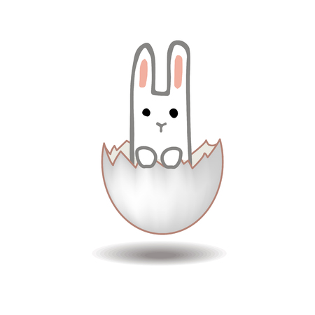 Happy Easter card design. Sweet bunny inside a cracked easter egg. Doodle hand drawn vector illustration. Nursery printのイラスト素材