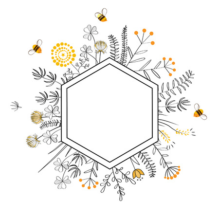 Hexagon Frame with cute honey flowers and bees. Cartoon vector illustrationの素材 [FY310120221571]