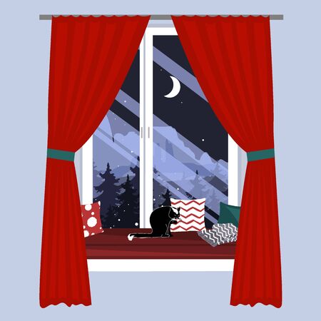 The sofa on the window sill. Christmas Window seat with a cat and beautiful mountains landscape view. Hand-drawn vector illustration in scandinavian hygge styleのイラスト素材