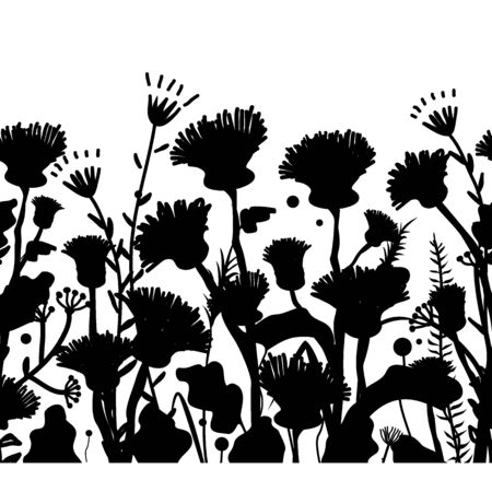 Silhouettes of flowers and grass, vector illustration. Seamless patternのイラスト素材
