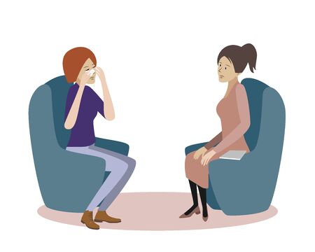 Psychotherapy session vector illustration. Woman psychologist and crying woman patient. Work with feelings and emotions, society psychiatry conceptのイラスト素材