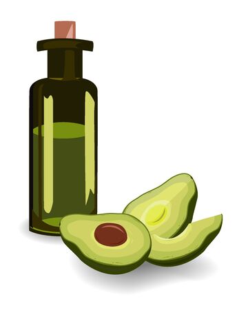 Extra virgin avocado oil and cut in half avocado on white background. Design elements for packaging or cooking. Vector illustrationのイラスト素材