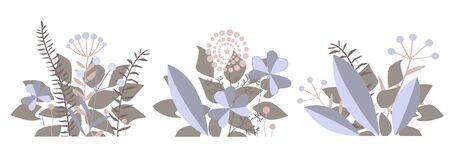 Vector set of stylized flowers bouquets. Abstract floral backgrounds for differrent conceptual design. Vector illustration.のイラスト素材