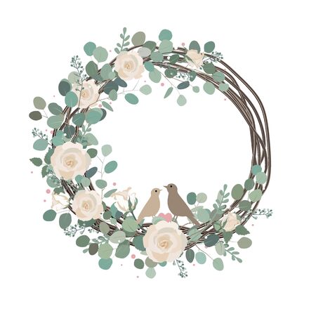 Happy Easter Spring vector card with roses, eucalyptus branches, and birds couple. Rustic vintage composition on white, home decorのイラスト素材