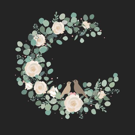 Happy Easter Spring vector card with roses, eucalyptus branches, and birds couple. Rustic vintage composition on dark grey, the spring decorのイラスト素材