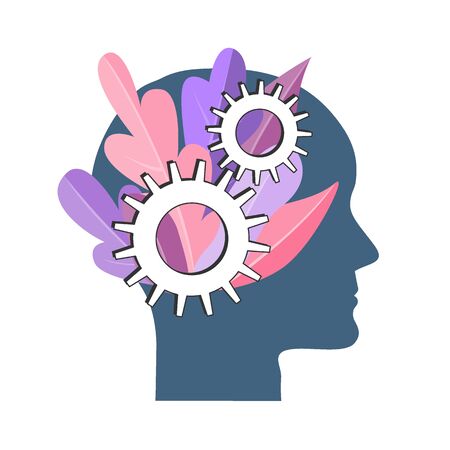 Personal development vector concept. NLP symbol, Natural Language Processing, mental growth idea. Human head with gears and treeのイラスト素材