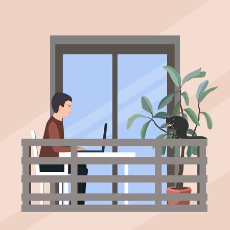 Young man working with laptop on open balcony with a cat and big houseplant tree, vector illustrationのイラスト素材