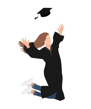 Young graduate student girl in graduation gown jumping and throwing the mortarboard high into the air. Flat vector illustrationのイラスト素材