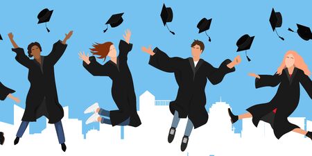 Seamless border with happy graduate students in graduation clothing jumping and throwing the mortarboard high into the air. City and sky background. Flat vector illustrationのイラスト素材