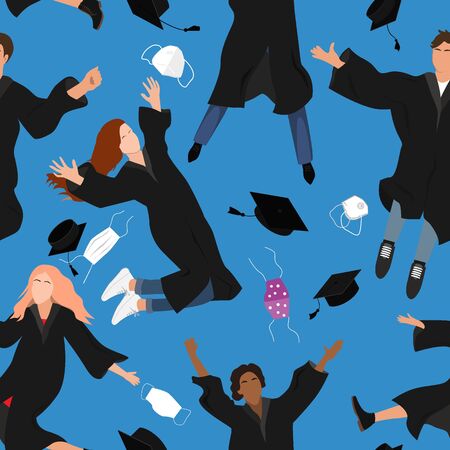 Seamless pattern with young graduate students in graduation clothing jumping and throwing the mortarboard and mask high into the air. Flat vector illustration isolated on whiteのイラスト素材