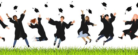 Seamless border with happy graduate students in graduation clothing jumping on the lawn and throwing the mortarboard high into the air. Flat vector patternのイラスト素材