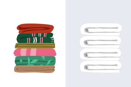 Vector illustration of two types of towels. White terry towels pile and mix matched worn towels folded flat in layers. Ordinary bath towels of different size and color in a pileのイラスト素材